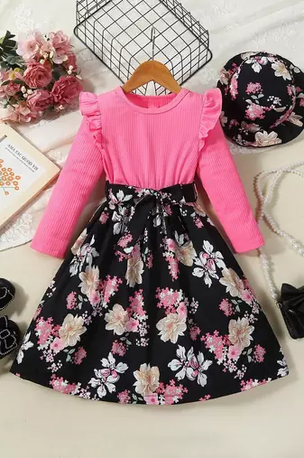 Pink floral print ribbed cotton blend fit & flare girls dress