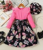 Pink floral print ribbed cotton blend fit & flare girls dress
