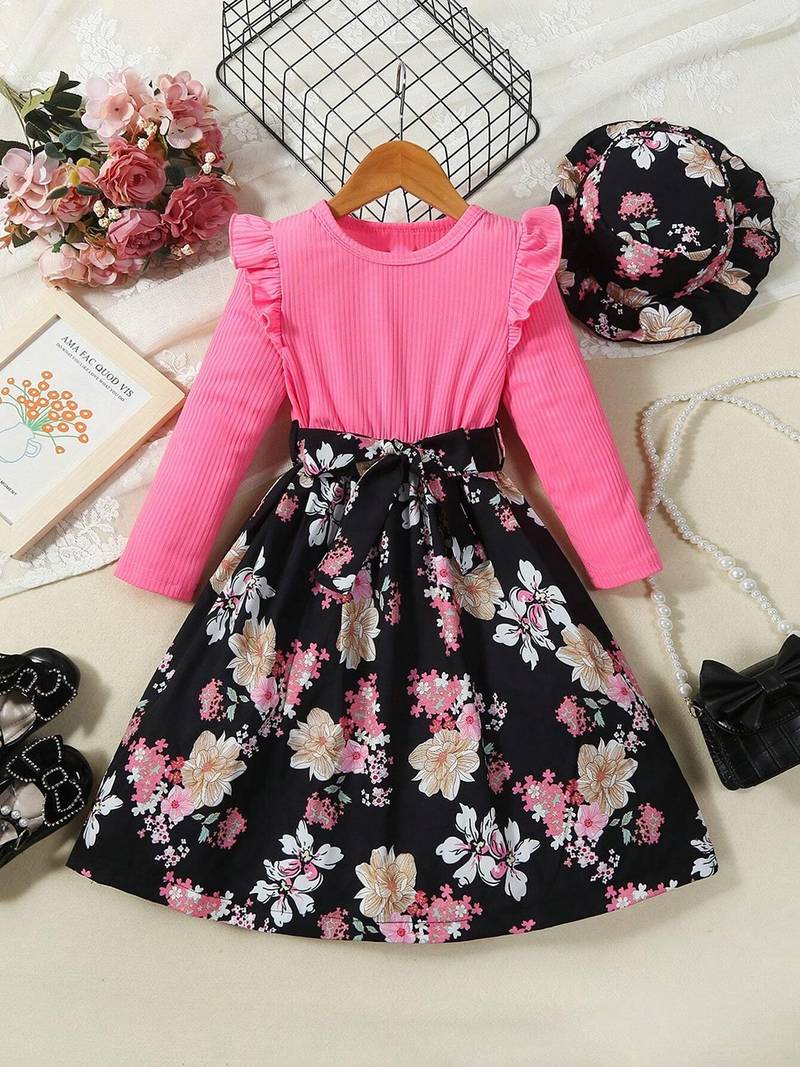 Pink floral print ribbed cotton blend fit & flare girls dress