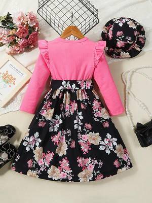 Pink floral print ribbed cotton blend fit & flare girls dress 2