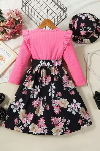 Pink floral print ribbed cotton blend fit & flare girls dress