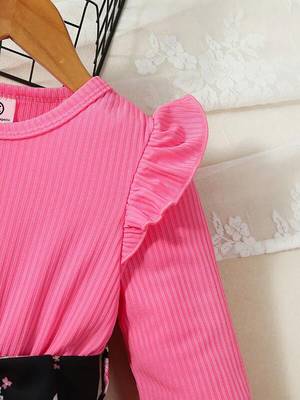 Pink floral print ribbed cotton blend fit & flare girls dress 3