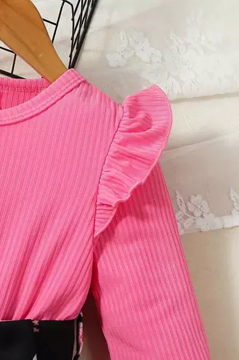 Pink floral print ribbed cotton blend fit & flare girls dress