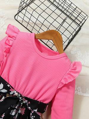 Pink floral print ribbed cotton blend fit & flare girls dress 4