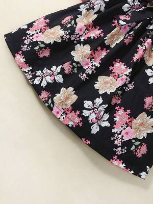 Pink floral print ribbed cotton blend fit & flare girls dress 5