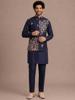 Blue roman silk designer multi embroidery work kurta set for men 1