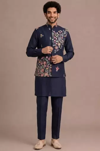 Blue roman silk designer multi embroidery work kurta set for men