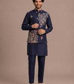 Blue roman silk designer multi embroidery work kurta set for men