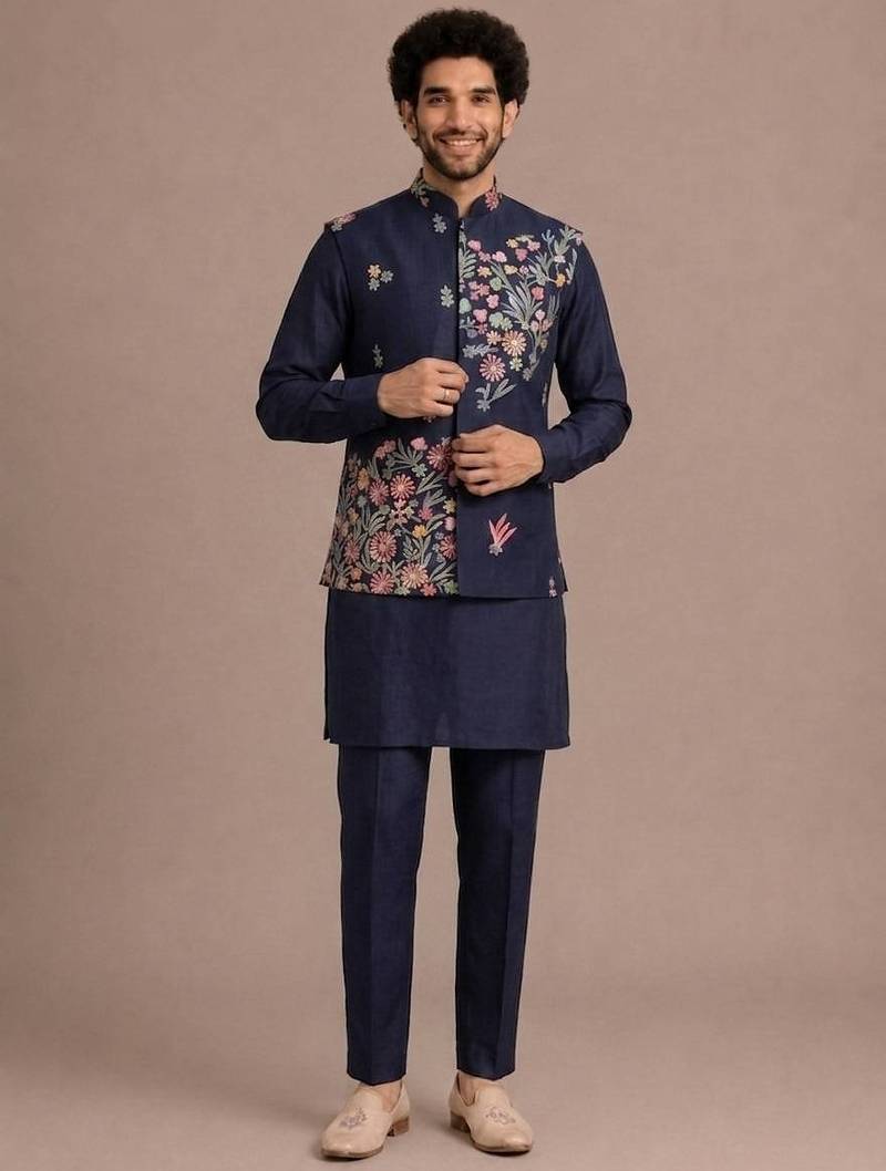Blue roman silk designer multi embroidery work kurta set for men