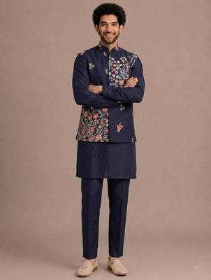 Blue roman silk designer multi embroidery work kurta set for men 2