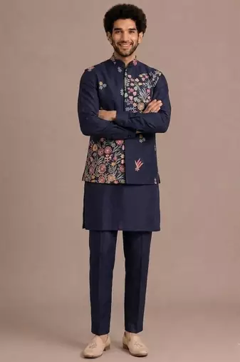 Blue roman silk designer multi embroidery work kurta set for men