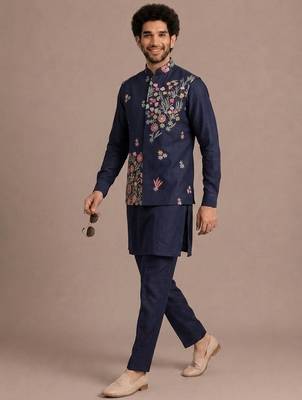 Blue roman silk designer multi embroidery work kurta set for men 3