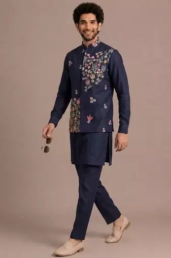 Blue roman silk designer multi embroidery work kurta set for men