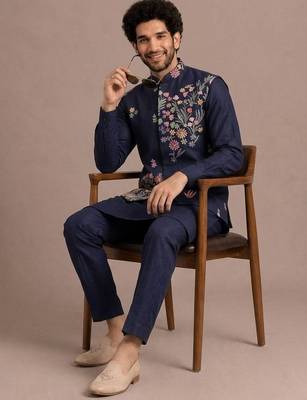 Blue roman silk designer multi embroidery work kurta set for men 4