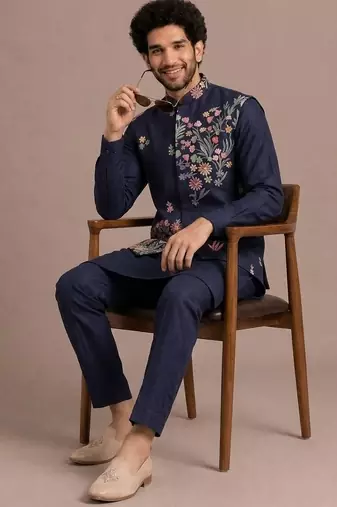 Blue roman silk designer multi embroidery work kurta set for men