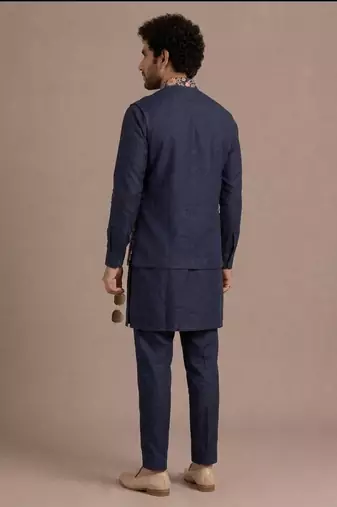 Blue roman silk designer multi embroidery work kurta set for men