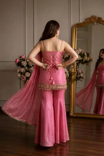 Pink silk blend zari sequin embroidered kurta & sharara set