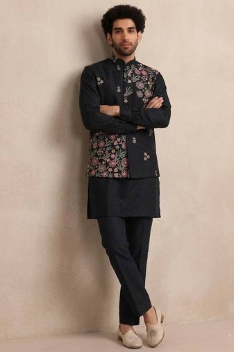 Black roman silk designer multi embroidery work kurta set for men