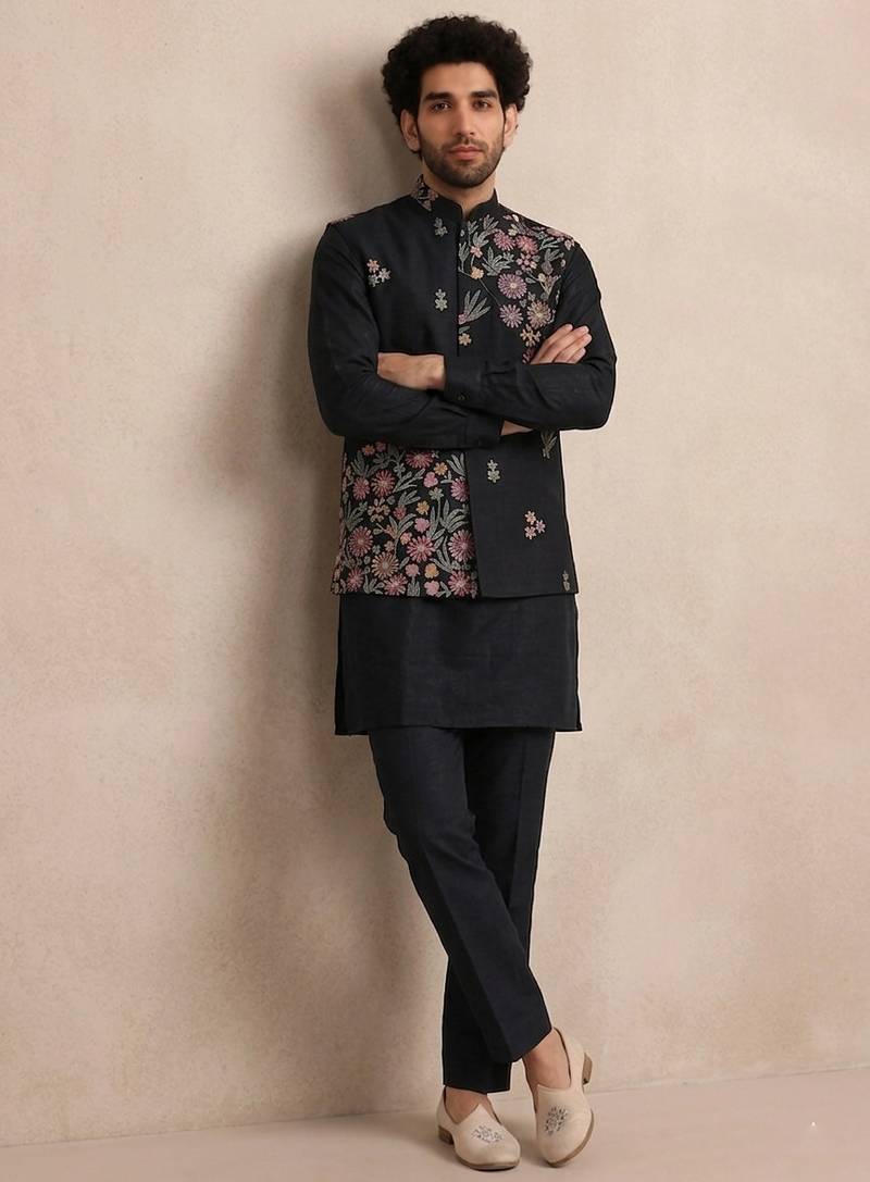 Black roman silk designer multi embroidery work kurta set for men