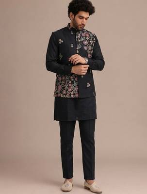 Black roman silk designer multi embroidery work kurta set for men 2