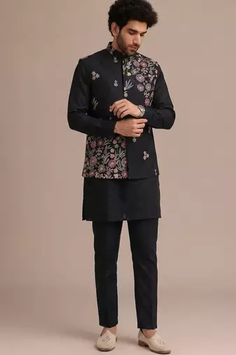 Black roman silk designer multi embroidery work kurta set for men