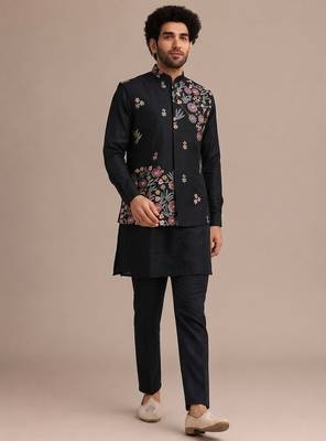 Black roman silk designer multi embroidery work kurta set for men 3