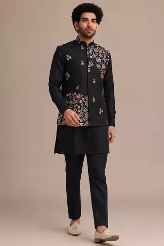 Black roman silk designer multi embroidery work kurta set for men