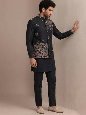 Black roman silk designer multi embroidery work kurta set for men 4
