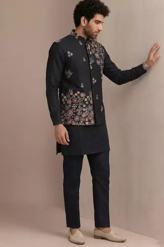 Black roman silk designer multi embroidery work kurta set for men