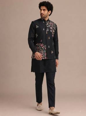 Black roman silk designer multi embroidery work kurta set for men 5