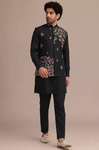 Black roman silk designer multi embroidery work kurta set for men