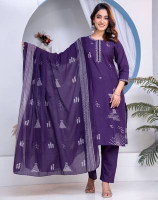 Cotton cambric straight kurti-pant-dupatta set 1