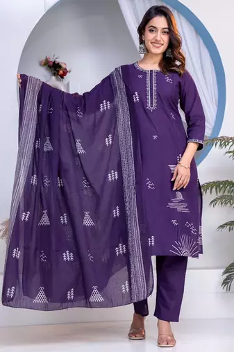 Cotton cambric straight kurti-pant-dupatta set