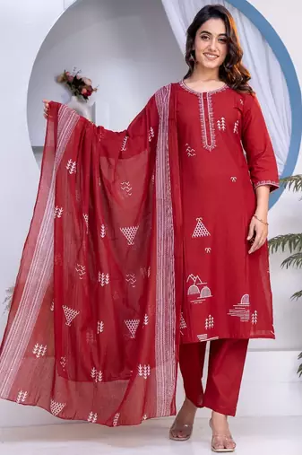 Cotton cambric straight kurti-pant-dupatta set