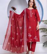 Cotton cambric straight kurti-pant-dupatta set