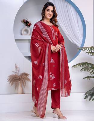 Cotton cambric straight kurti-pant-dupatta set 3