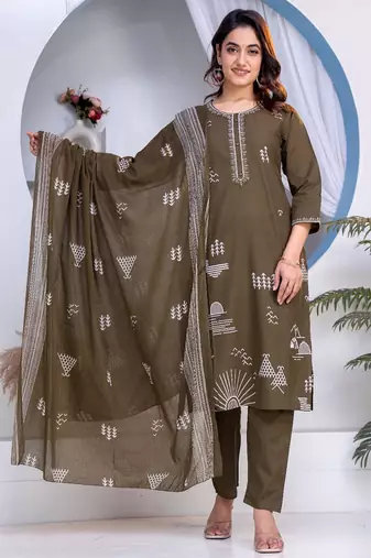 Cotton cambric straight kurti-pant-dupatta set