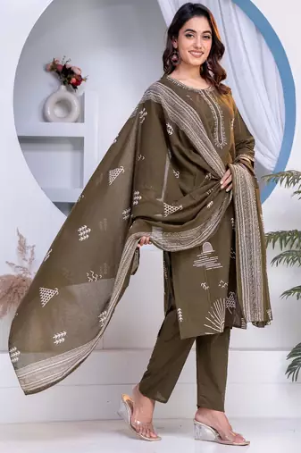 Cotton cambric straight kurti-pant-dupatta set