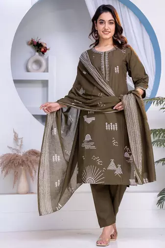 Cotton cambric straight kurti-pant-dupatta set