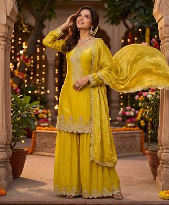 Tora silk embroidered palazzo suit with matching dupatta 1