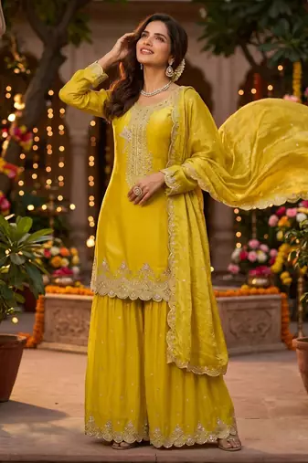 Tora silk embroidered palazzo suit with matching dupatta