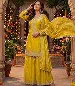 Tora silk embroidered palazzo suit with matching dupatta
