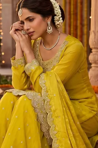 Tora silk embroidered palazzo suit with matching dupatta