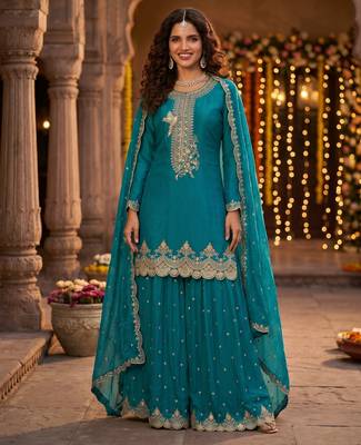 Tora silk embroidered palazzo suit with matching dupatta 1