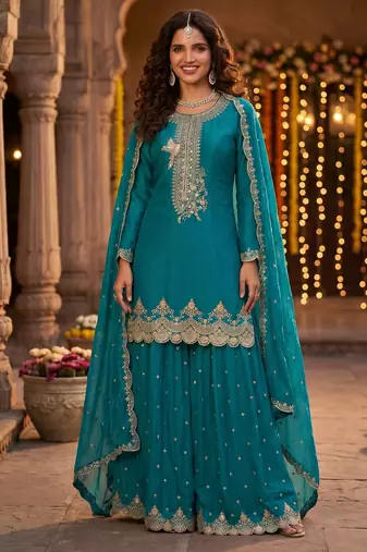 Tora silk embroidered palazzo suit with matching dupatta