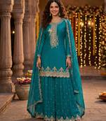 Tora silk embroidered palazzo suit with matching dupatta