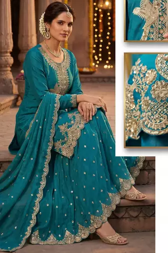 Tora silk embroidered palazzo suit with matching dupatta