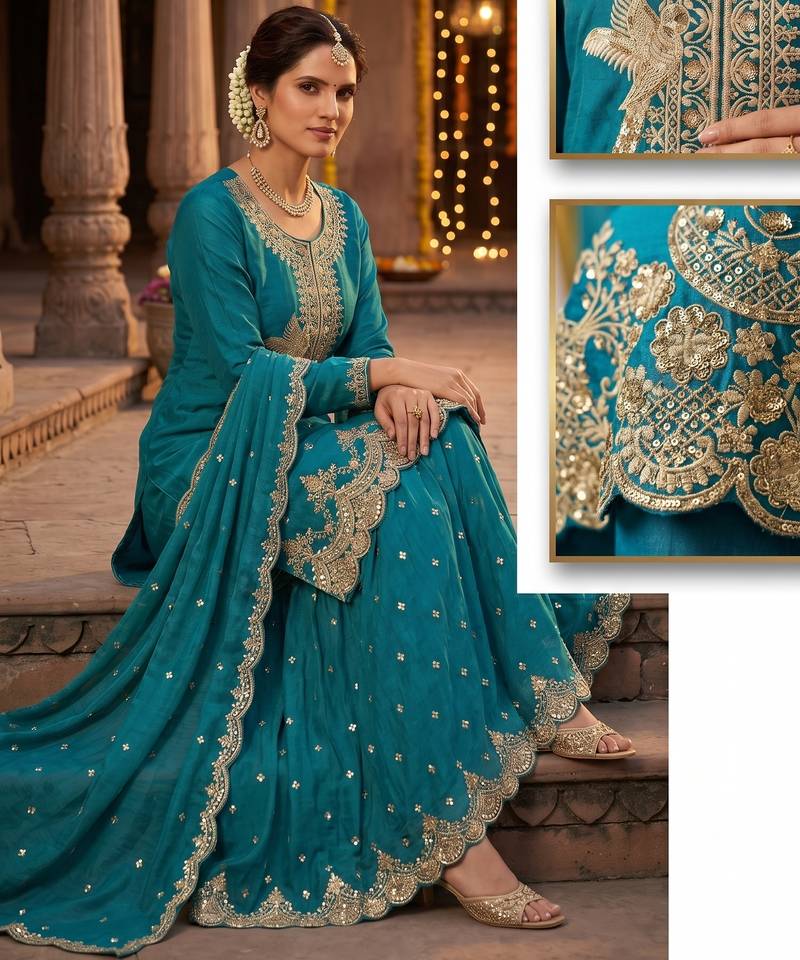 Tora silk embroidered palazzo suit with matching dupatta