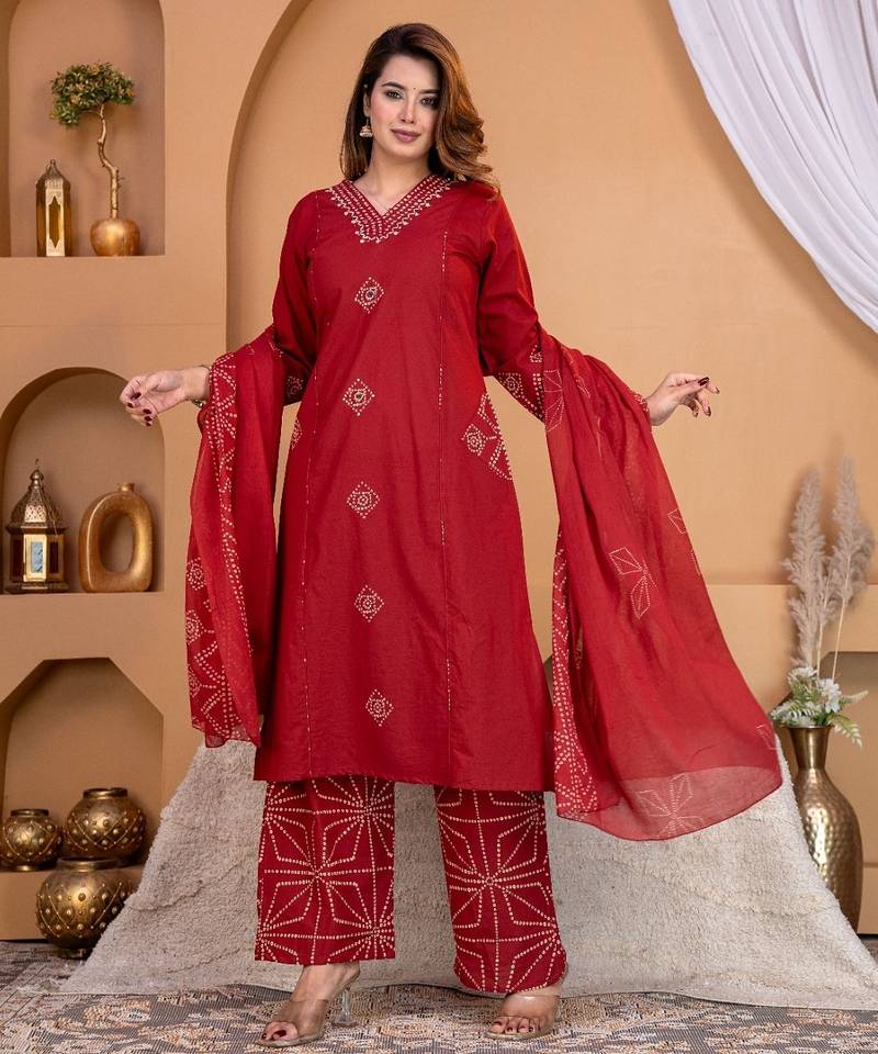 Cotton a-line kurti-pant-dupatta set
