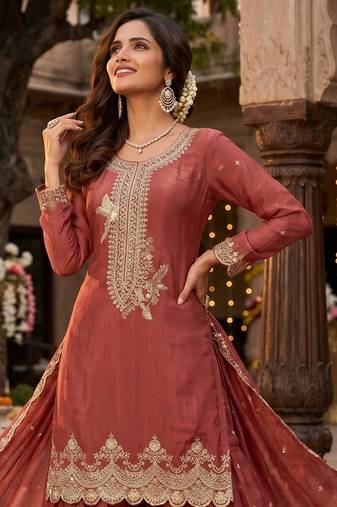 Tora silk embroidered palazzo suit with matching dupatta